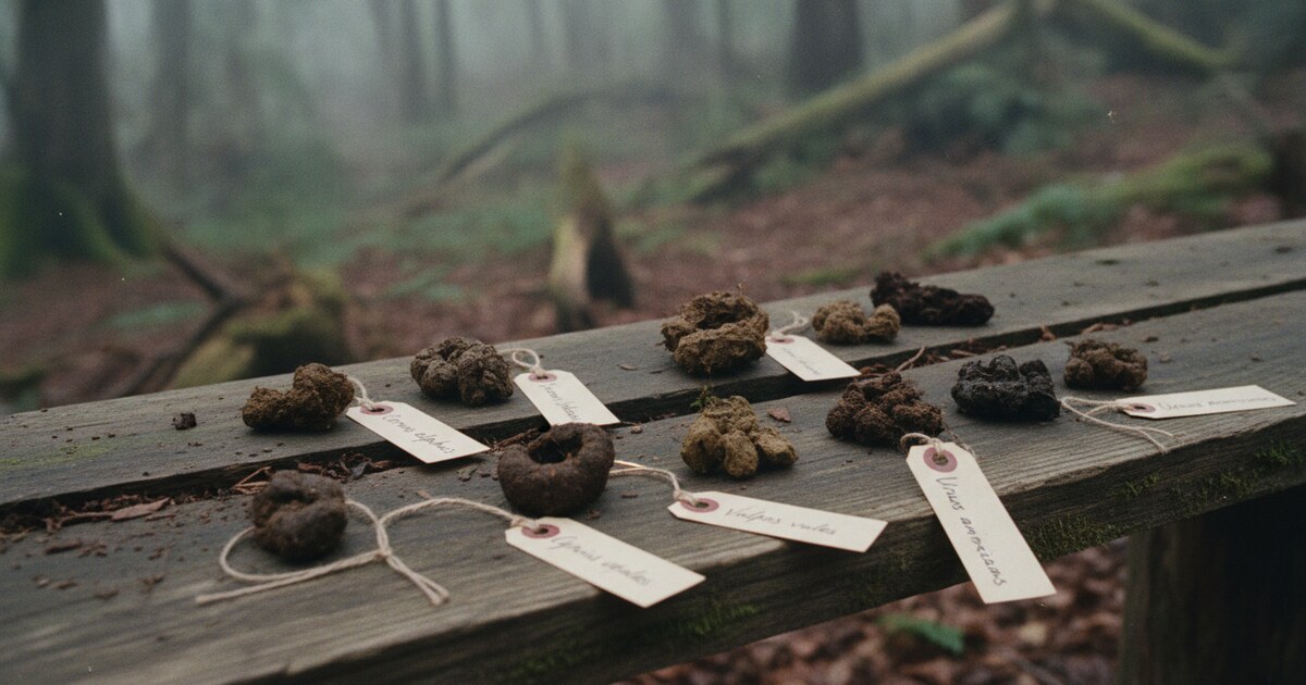 Wildlife scat samples on a wooden surface with identification labels showing different animal droppings