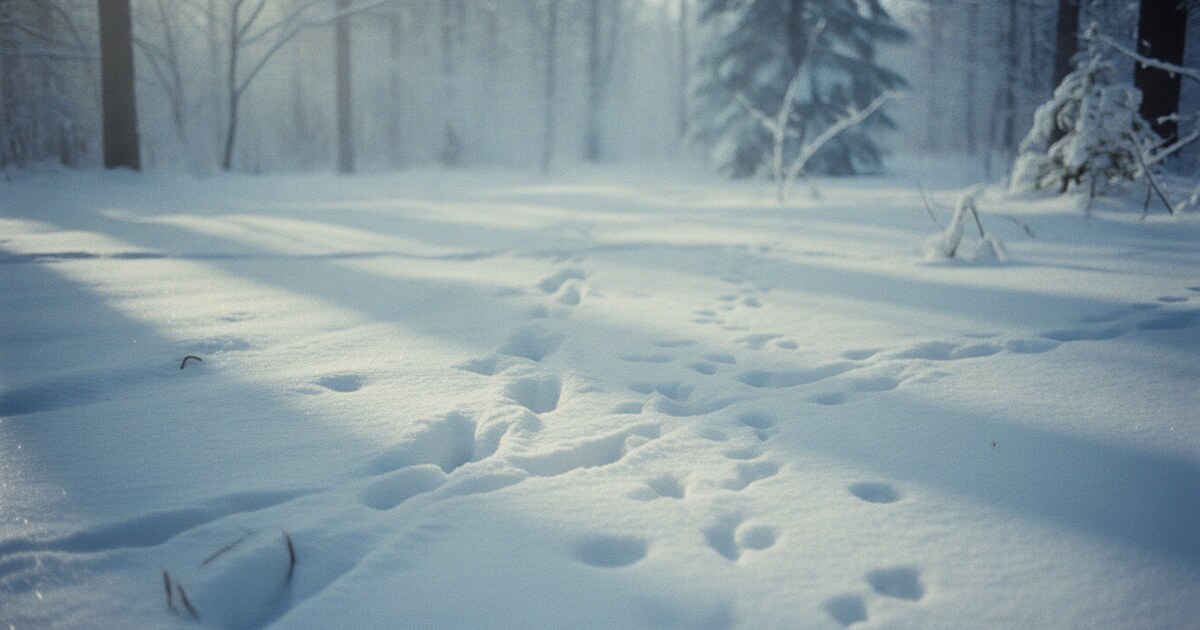 Animal tracks in fresh snow in a winter forest