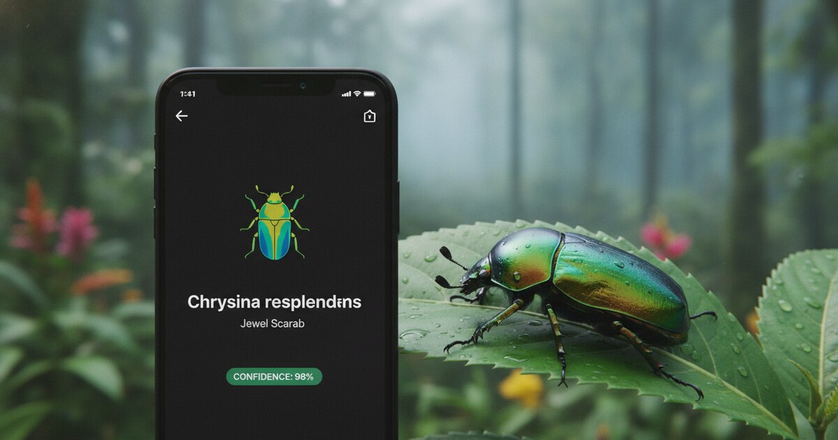 Smartphone displaying a bug identification app result next to a close-up of a colorful beetle on a leaf
