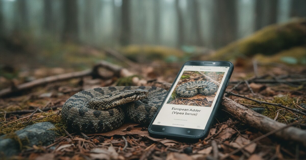 Smartphone showing a snake identification app result next to a coiled snake on a forest floor