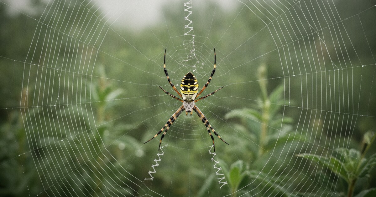 Close-up of a garden spider on its orb web with dewdrops on the silk threads