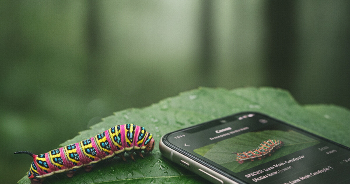 A smartphone displaying a caterpillar identification app result next to a colorful caterpillar on a green leaf