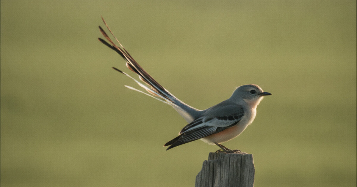 Scissor-tailed flycatcher perched on a fence post with its dramatically long forked tail displayed against open grassland