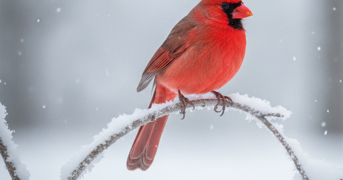 A male Northern Cardinal perched on a snow-dusted branch showing its brilliant all-red plumage and distinctive pointed crest against a soft gray winter background