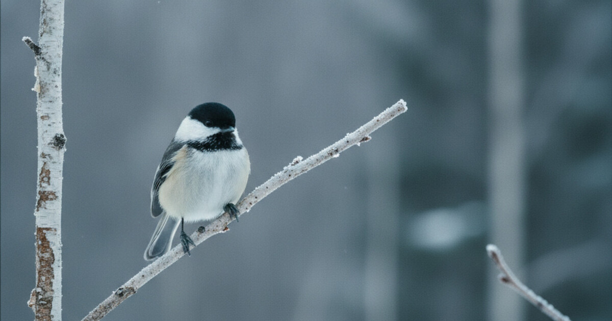 A black-capped chickadee perched on a frost-covered birch twig on an overcast winter morning, showing its black cap, white cheeks and black bib