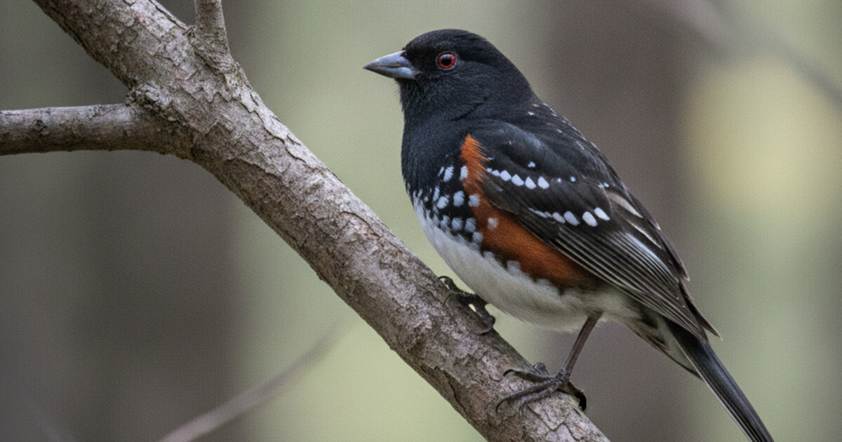 A male Spotted Towhee perched on a branch showing its black hood and white-spotted wings against a green background