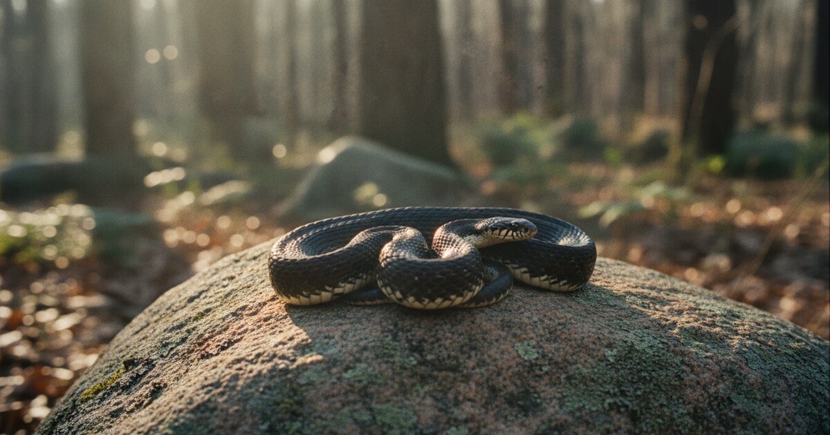 Black snake with white belly resting on a rock, showing glossy black dorsum and cream-colored underside