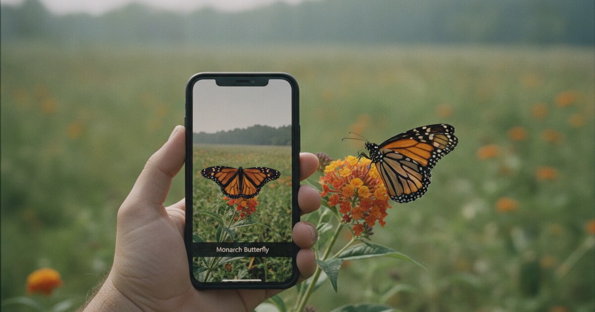 Smartphone showing a butterfly identification app result next to a Monarch butterfly with wings spread
