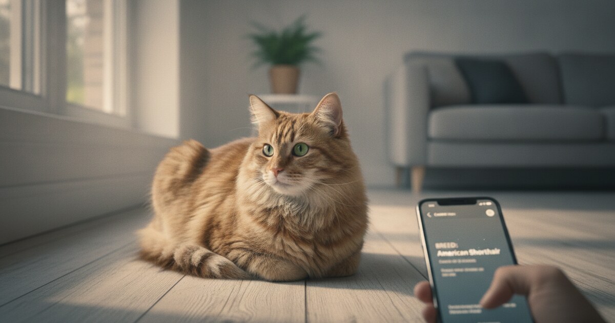 Smartphone photographing a tabby cat with AI breed identification overlay on screen