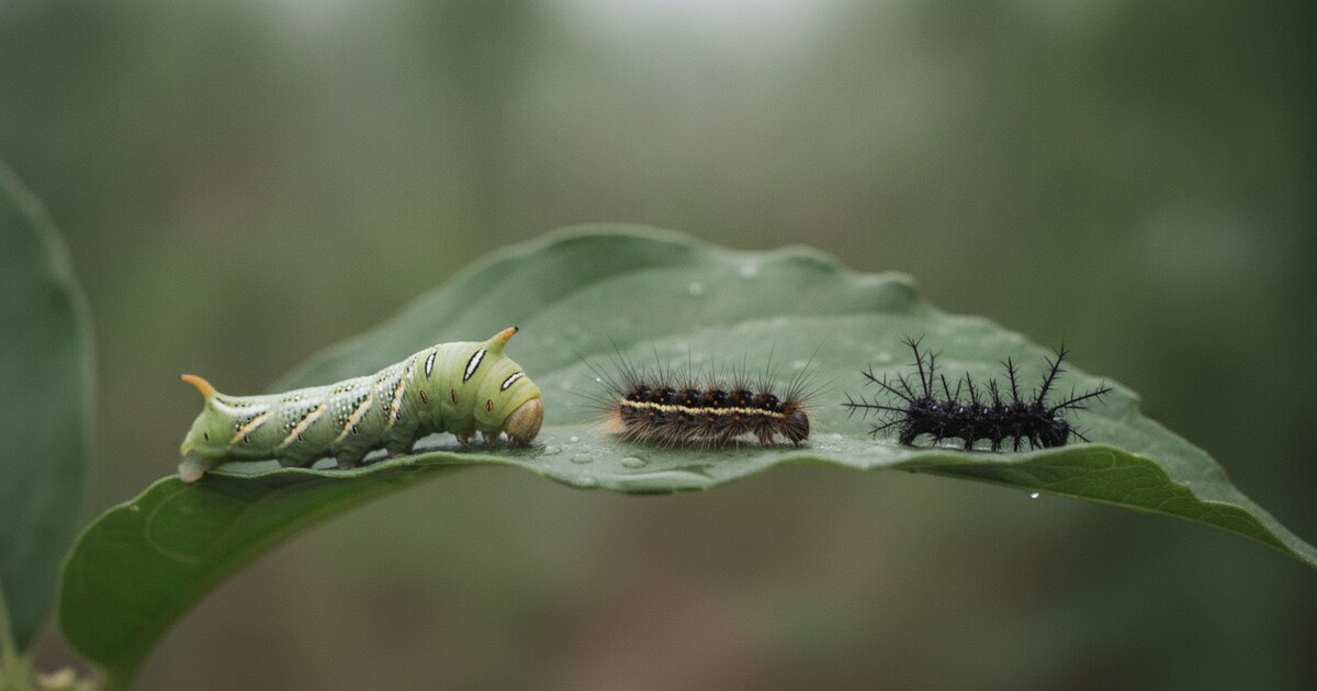 Three common North American caterpillars on leaves: a green hornworm, a banded woolly bear, and a spiny orange-and-black caterpillar