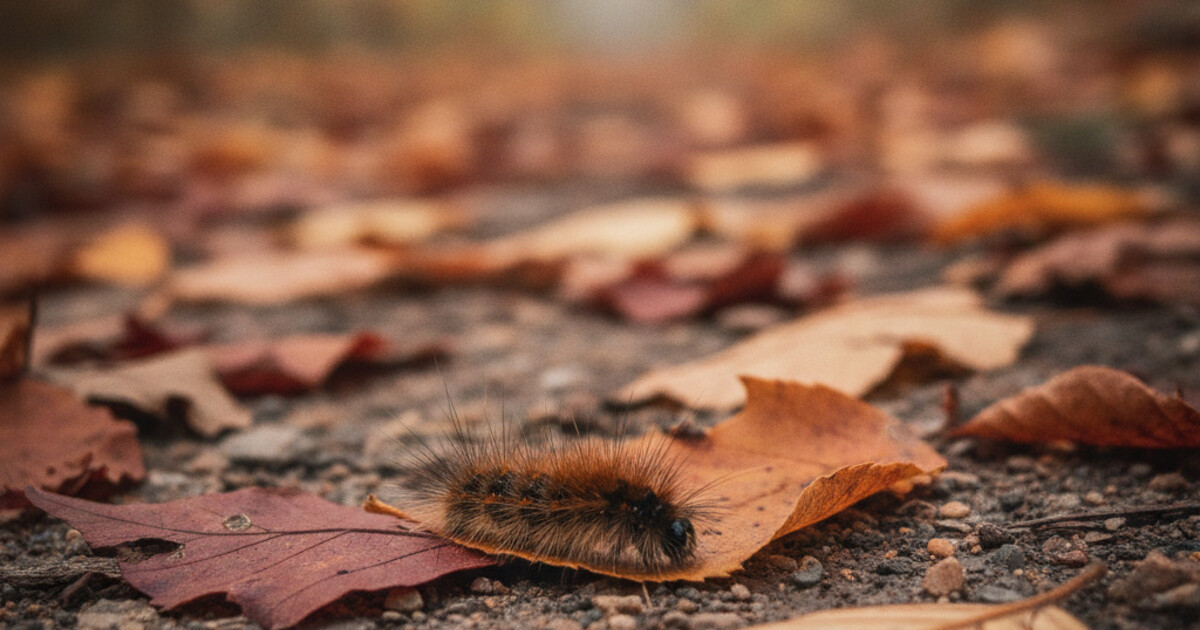 Banded woolly bear caterpillar crossing a Michigan hiking trail in fall