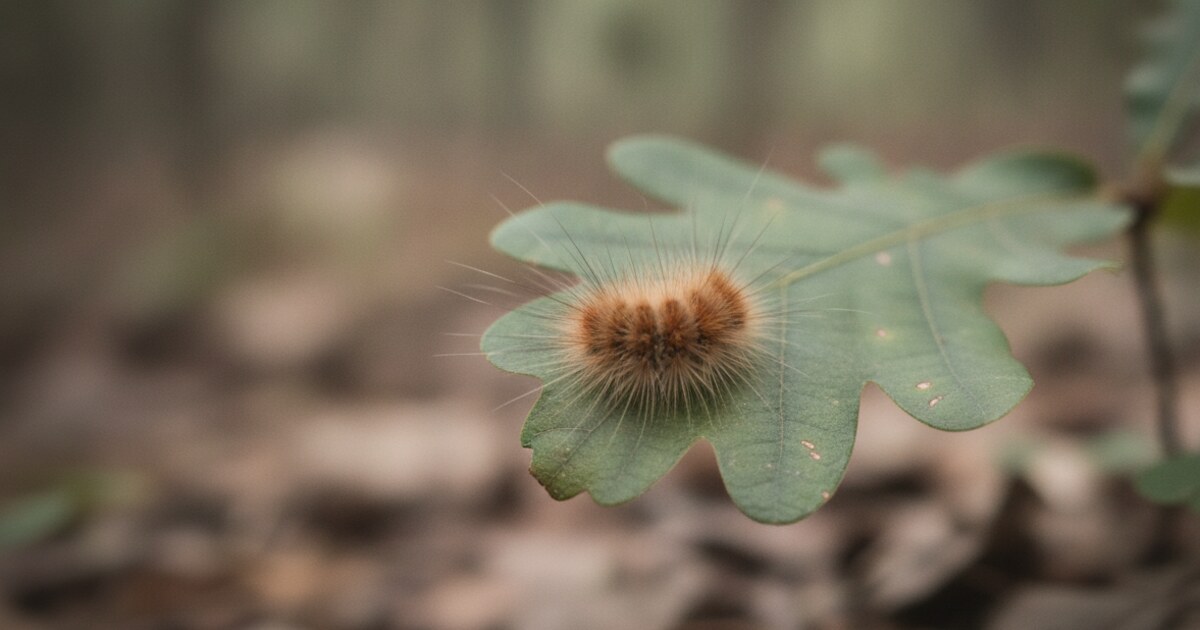 Puss caterpillar on an oak leaf in Alabama showing dense tan silky fur concealing venomous spines