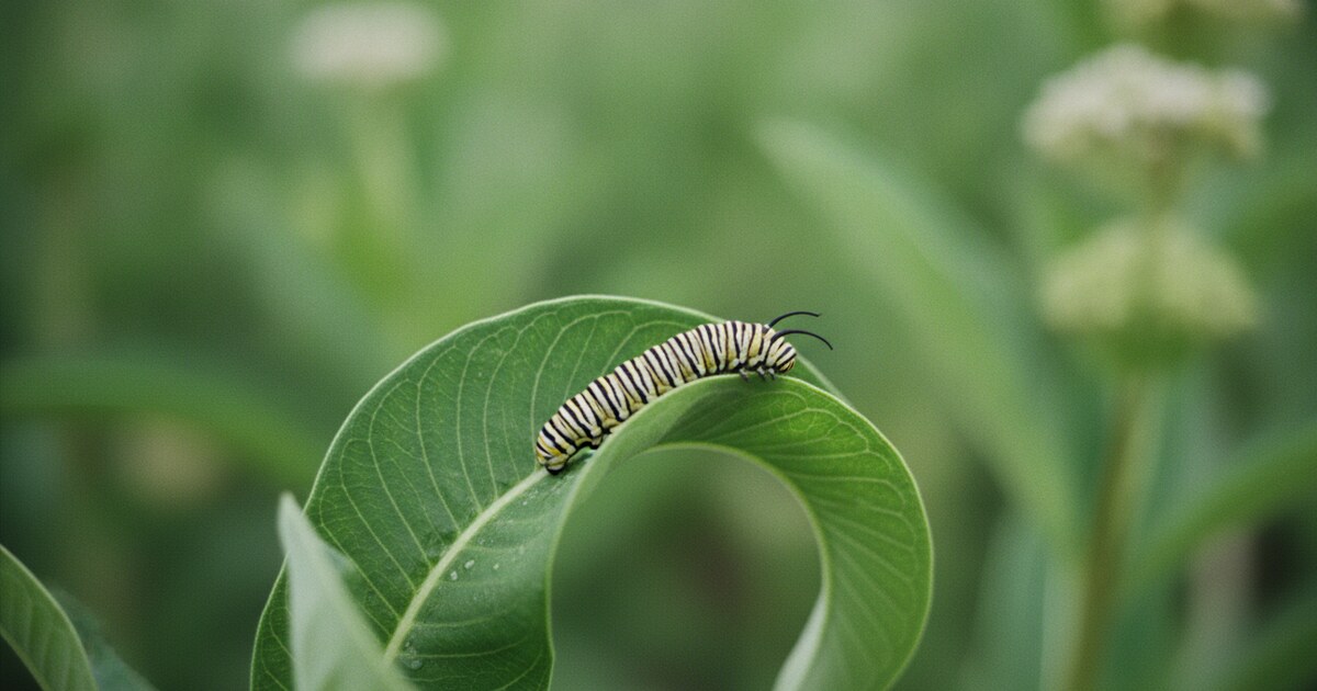 Monarch caterpillar on milkweed plant in California garden