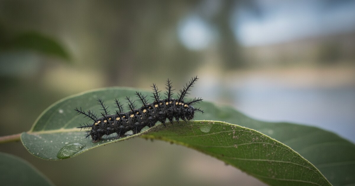 Nevada buck moth caterpillar on a cottonwood leaf along a Colorado river corridor, showing its dark spiny body