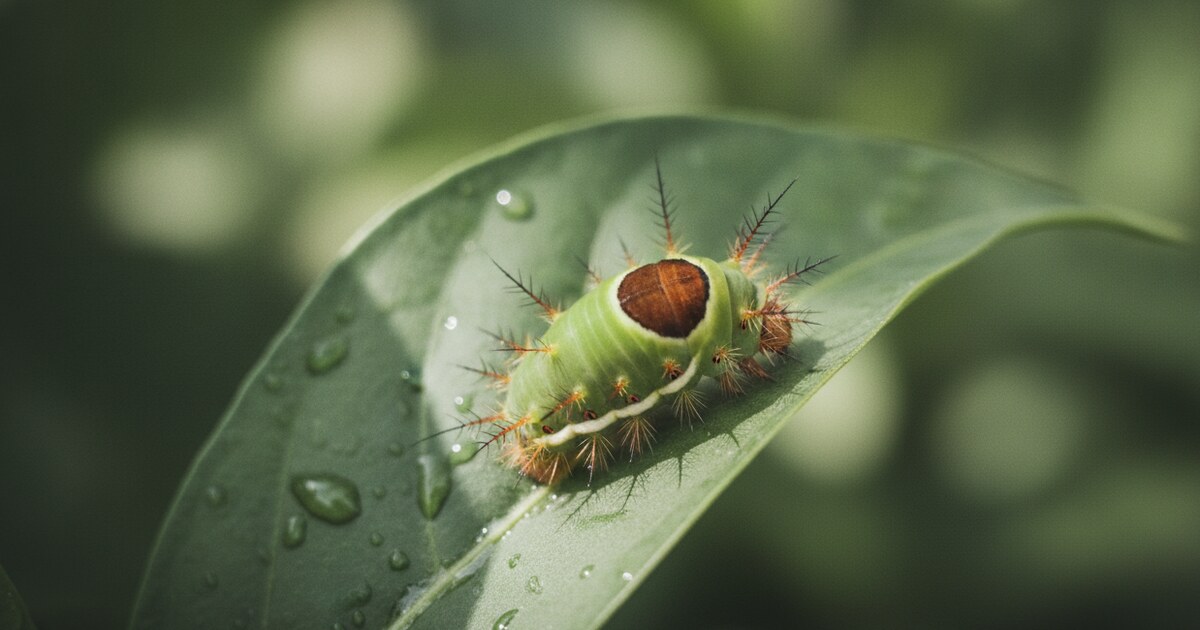 Saddleback caterpillar on a green leaf showing its distinctive bright green saddle and brown center marking
