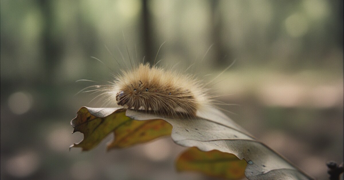 Puss caterpillar with silky tan fur coat resting on an oak leaf in Kentucky
