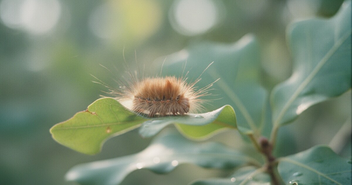 Puss caterpillar on an oak leaf in Louisiana, showing its fluffy tan hairs