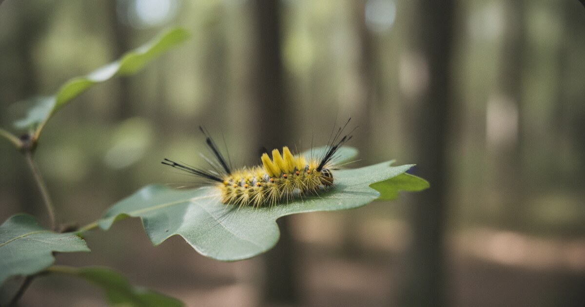American dagger caterpillar on an oak leaf in Minnesota showing bright yellow hair with distinctive long black pencil tufts at each end of the body