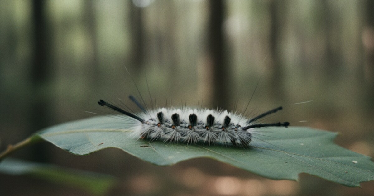 Hickory tussock moth caterpillar on a hardwood leaf in North Carolina showing white fluffy body with black tufts
