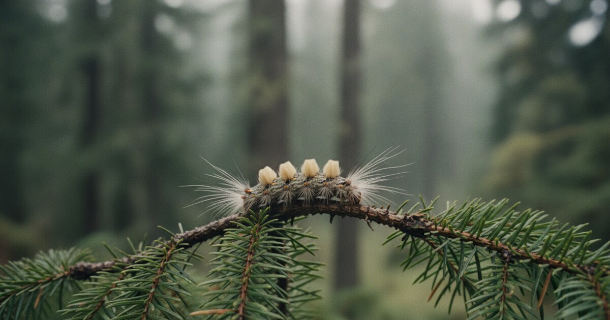 Douglas-fir tussock moth caterpillar on a conifer branch in Oregon, showing cream toothbrush hair tufts