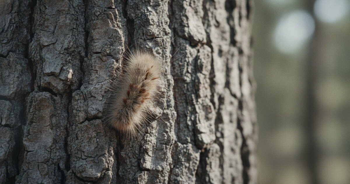 Puss caterpillar asp on live oak bark in Texas showing its distinctive tan silky fur hiding venomous spines