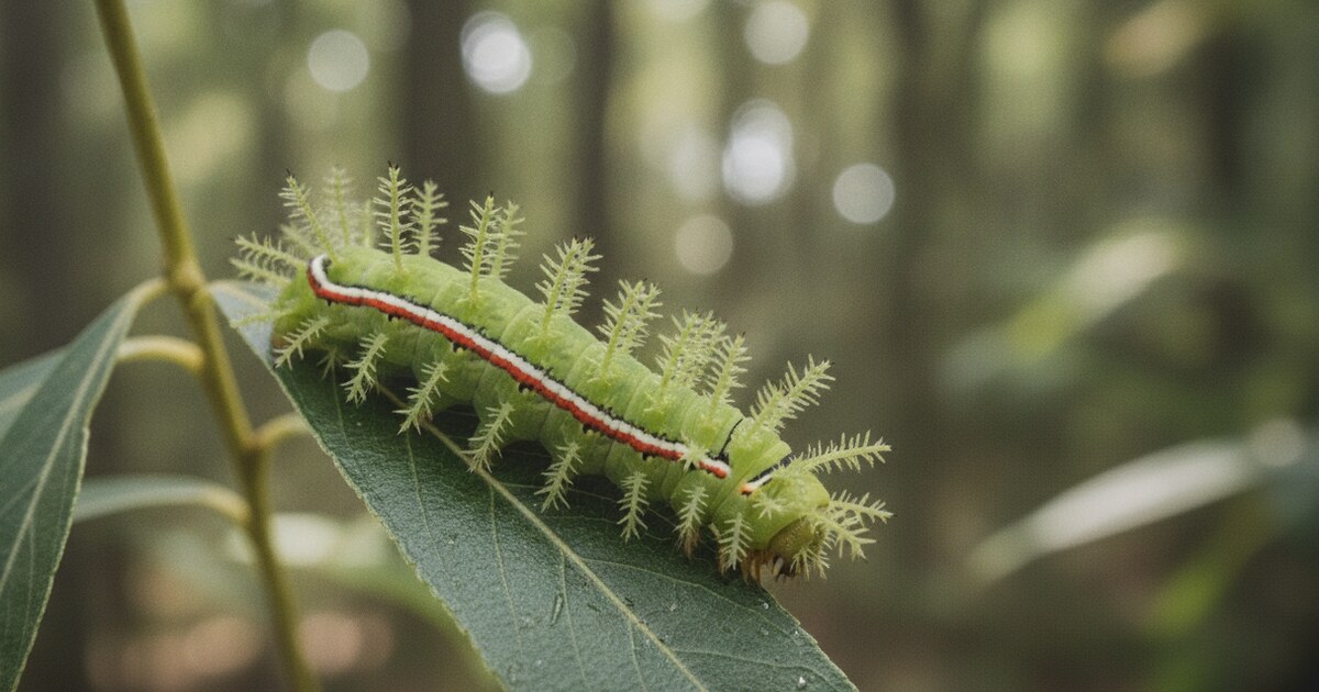 Io moth caterpillar on a willow leaf in Wisconsin showing vivid lime green body with branching pale green spines and red-and-white side stripe