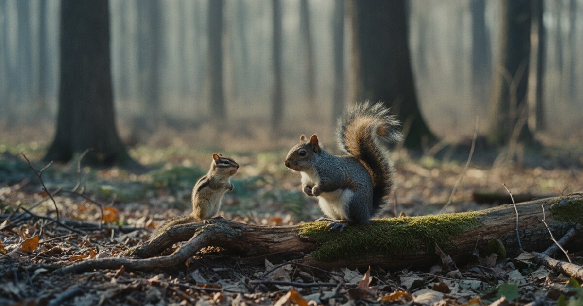 Eastern chipmunk and eastern gray squirrel side by side showing size difference and chipmunk facial stripes