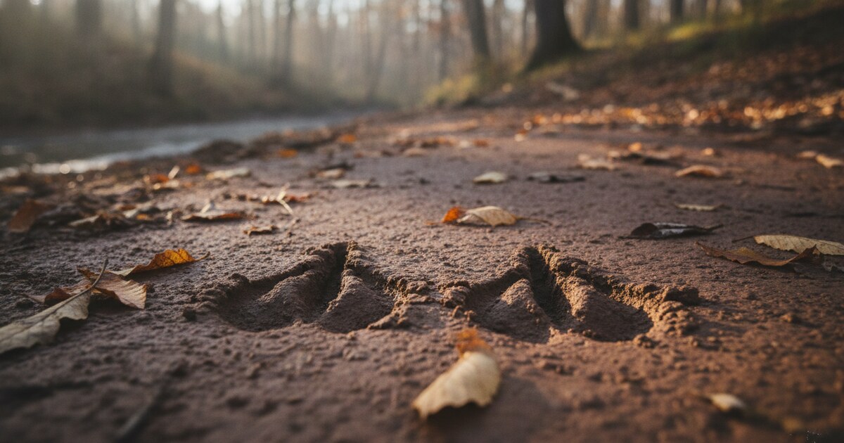 Clear deer hoof prints in soft creek bank mud showing heart-shaped cloven tracks