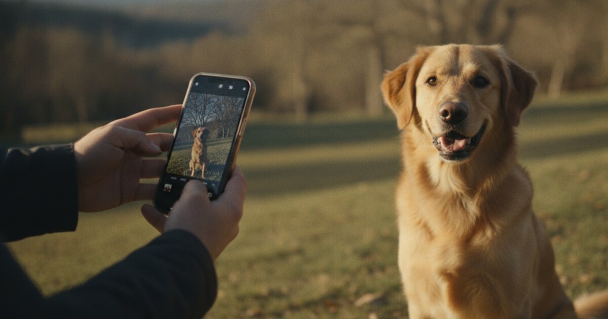 Person photographing a dog with a smartphone in natural outdoor light to identify the breed