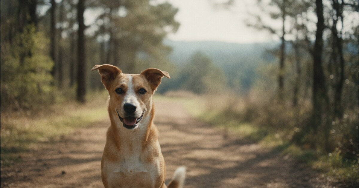 A dog with mixed breed features looking at the camera in a natural outdoor setting