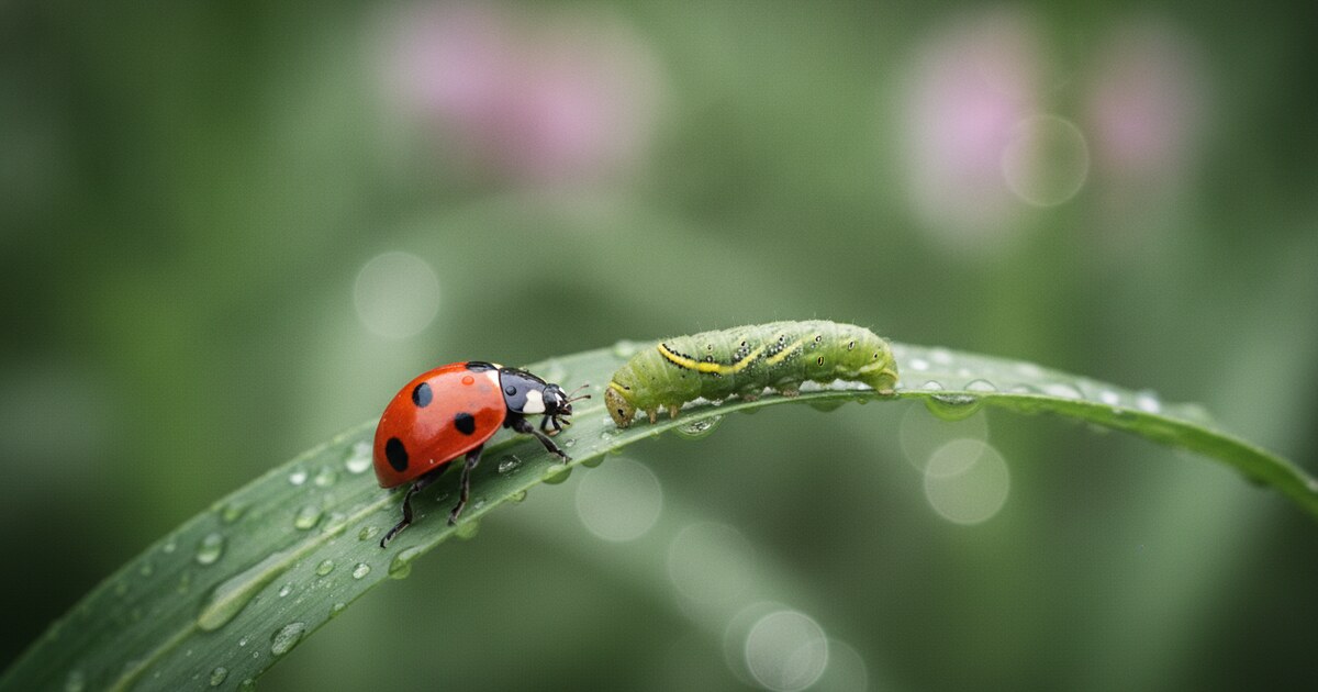 Macro photograph of a ladybug and caterpillar on green leaves representing free insect identifier apps