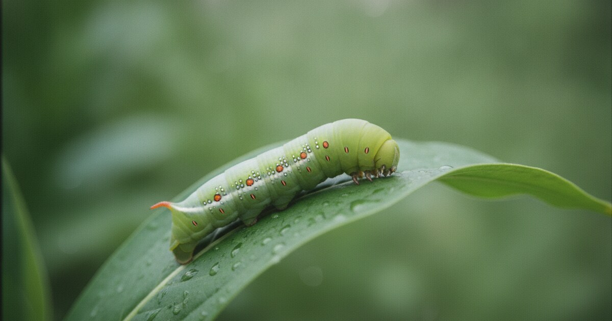 Close-up of a large bright green caterpillar on a leaf, showing body segmentation and orange spots along the sides