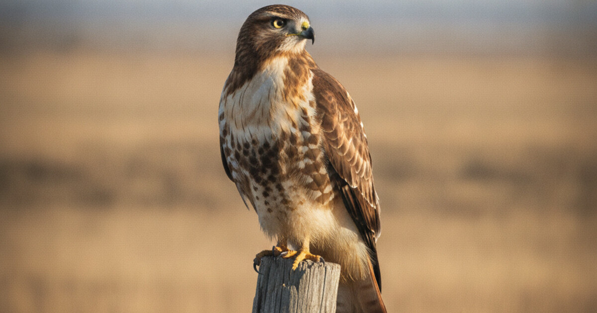 A Red-tailed Hawk perched on a weathered wooden fence post with its distinctive rusty red tail visible