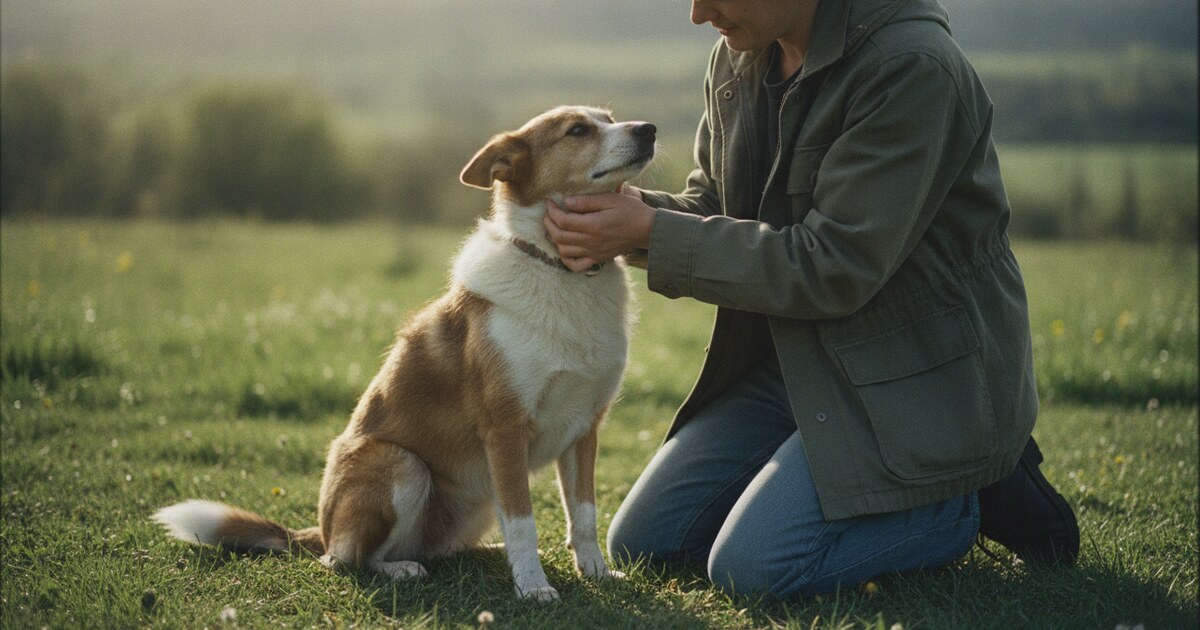 A person kneeling beside a medium-sized mixed-breed dog outdoors in natural light, examining the dog's features