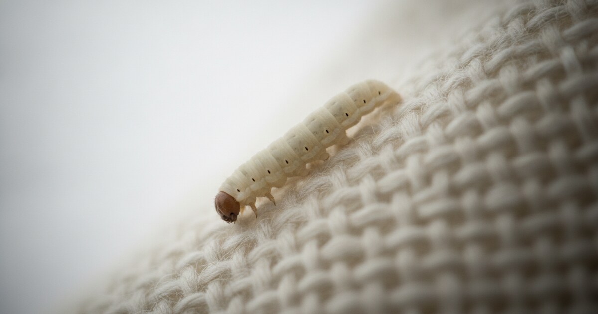 Close-up of a cream-white moth larva on natural wool fabric showing segmented body and dark head capsule