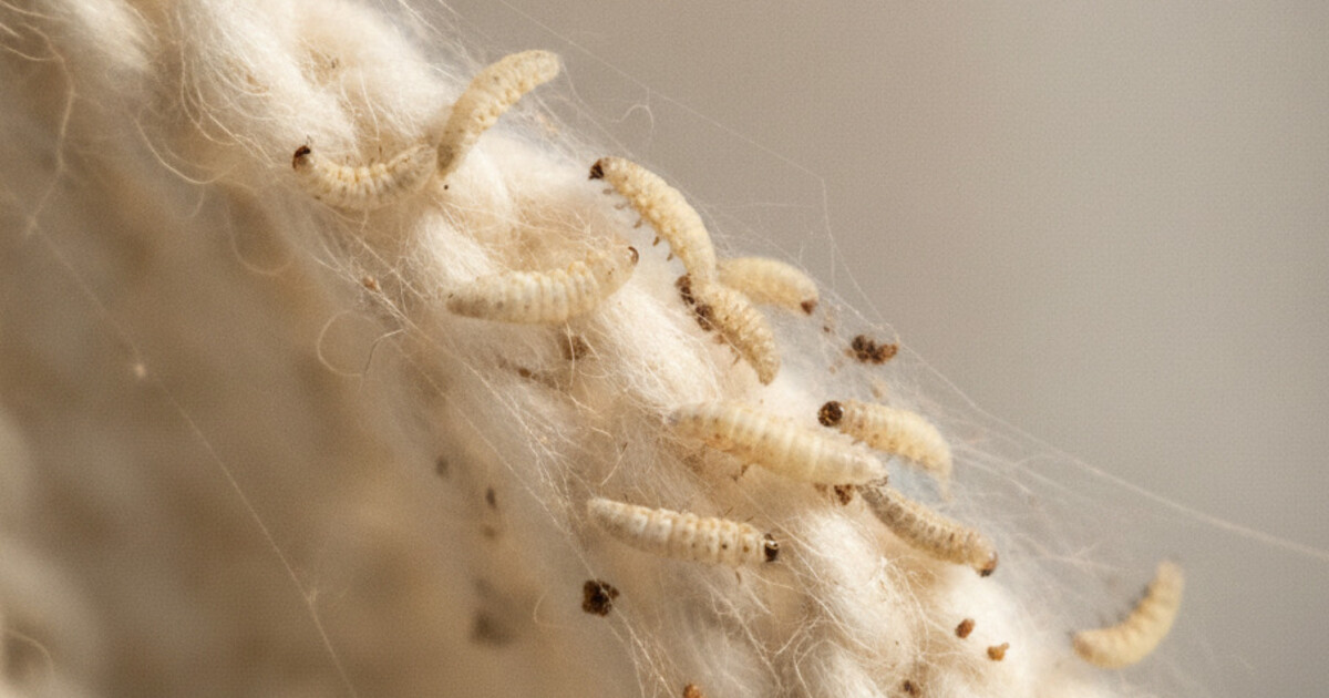 Close-up of cream-white moth larvae on wool fabric with visible silk webbing