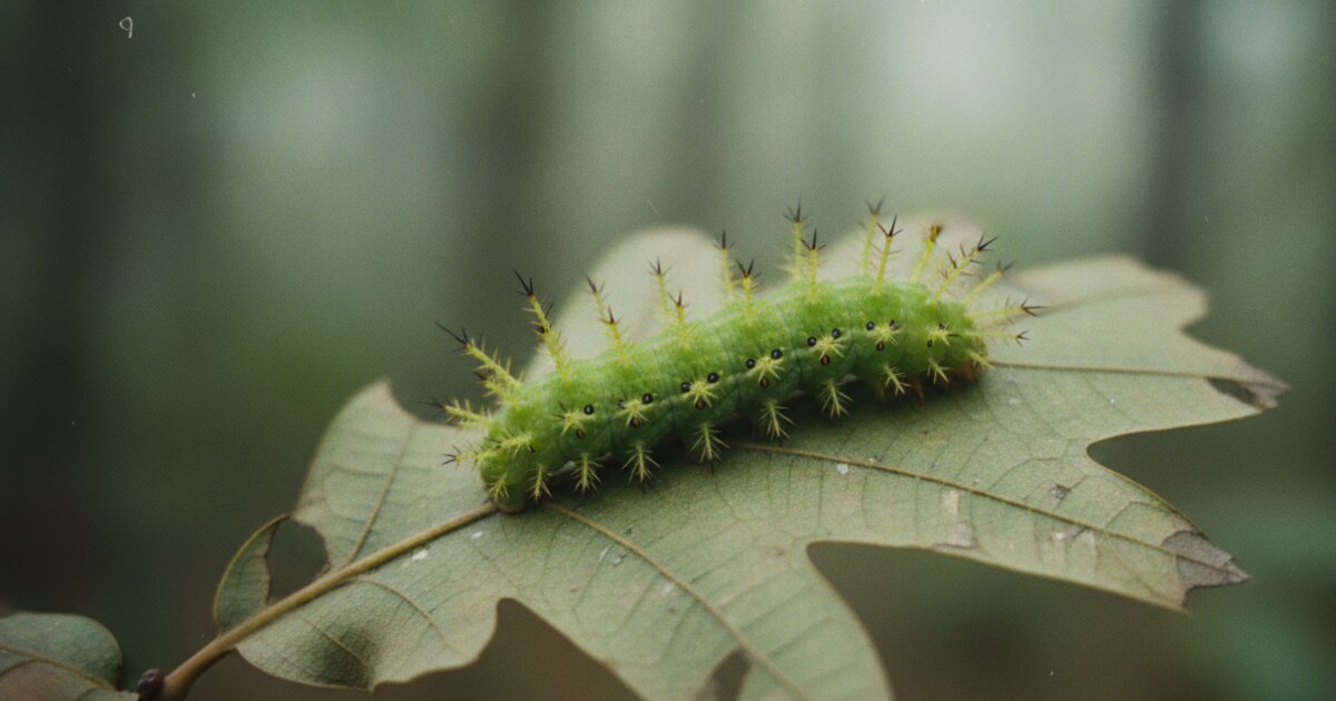 Bright green Io moth caterpillar with branched stinging spines on an oak leaf in Michigan