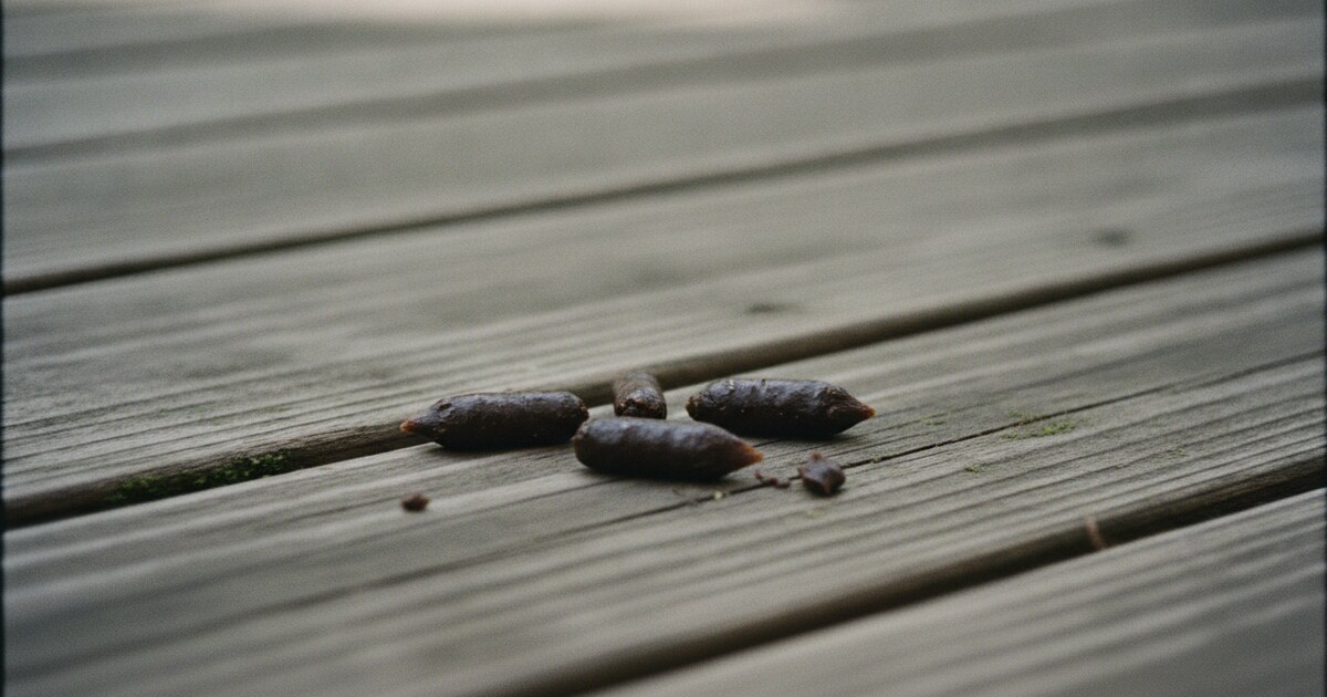 Dark cylindrical opossum droppings on weathered wood, showing tapered ends and moist surface