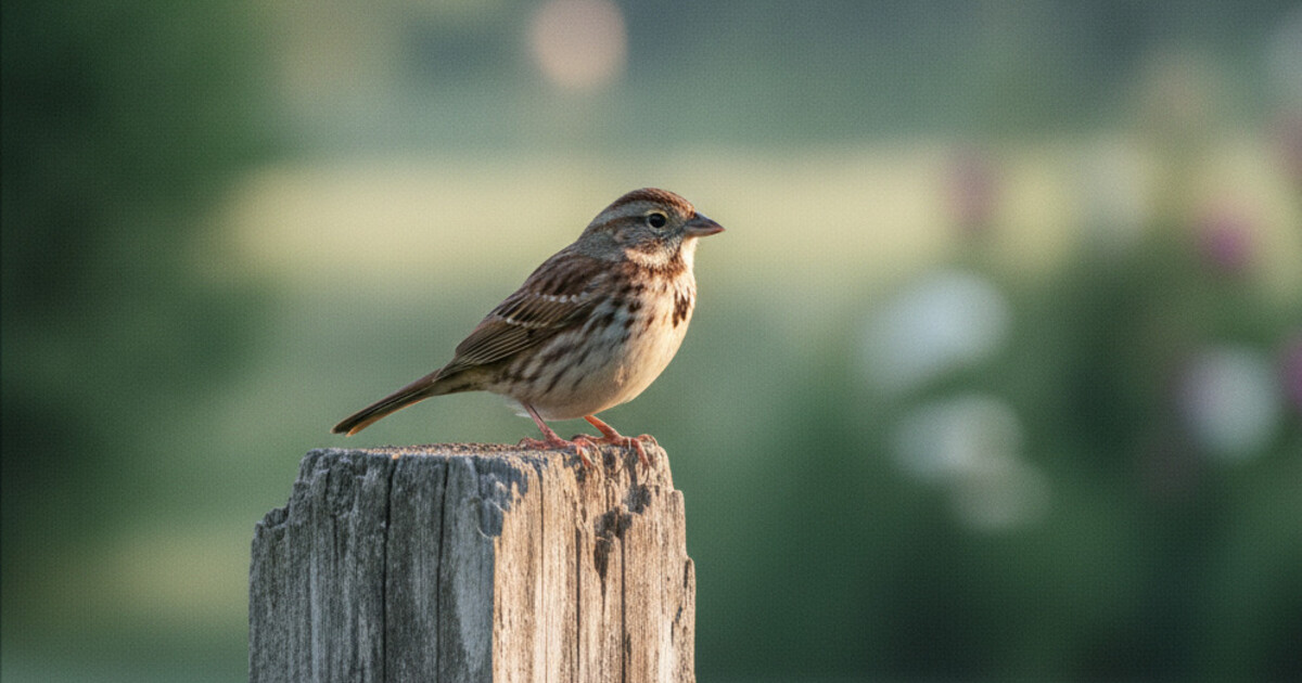 A Song Sparrow perched on a wooden fence post in morning light, showing its streaked brown plumage and central breast spot