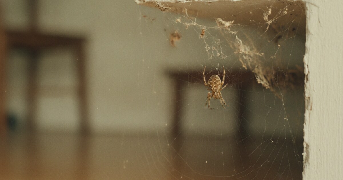 A small brown American house spider in a dusty cobweb in the corner of a room