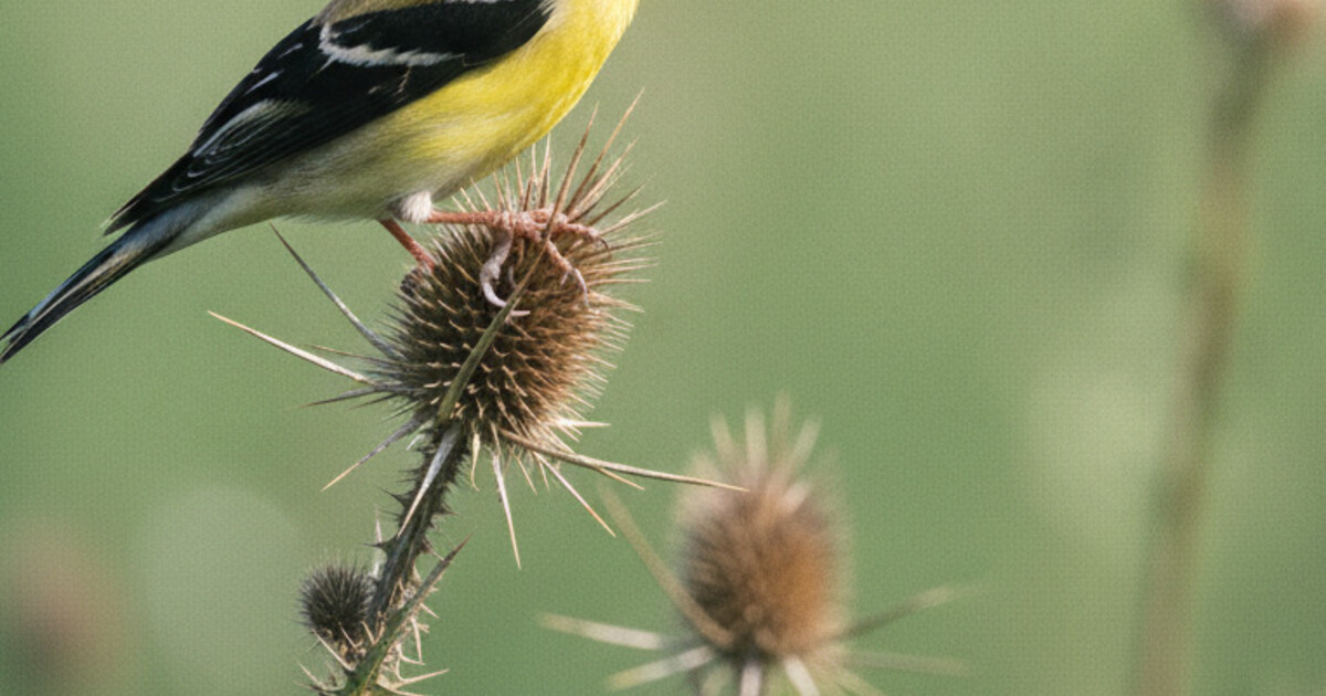 A male American Goldfinch perched on a dry thistle stem, its lemon-yellow body and jet-black wings sharp against a clean pale sky