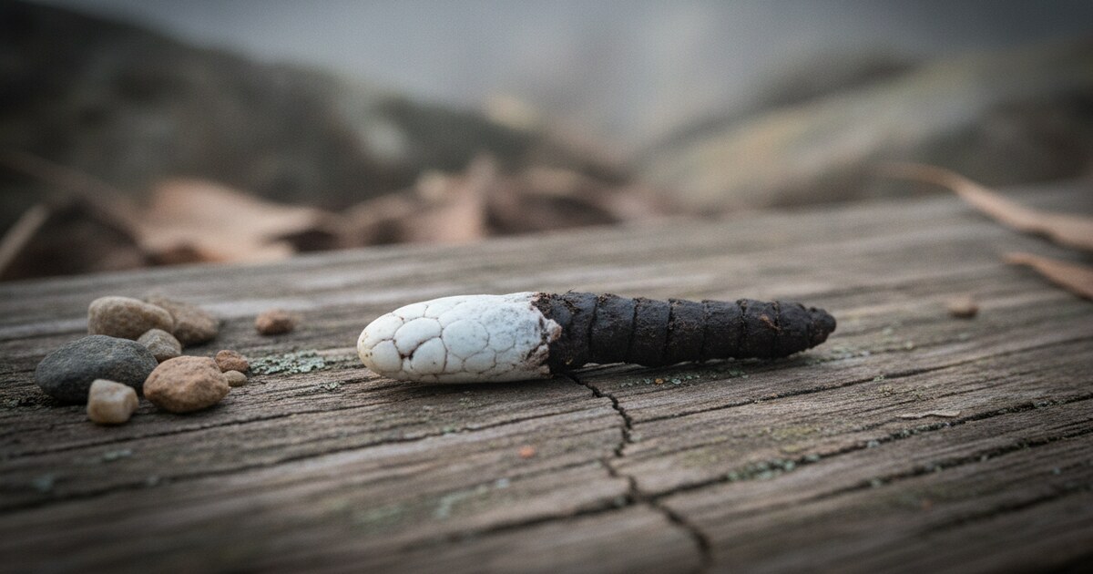 Dark elongated snake droppings with chalky white urate cap on rocky ground near a wooden fence