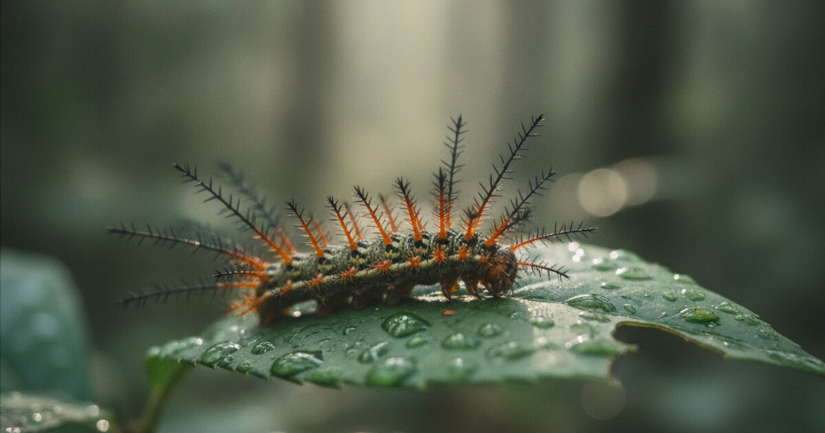 Close-up of a spiky caterpillar with bright orange and black branched spines resting on a green leaf