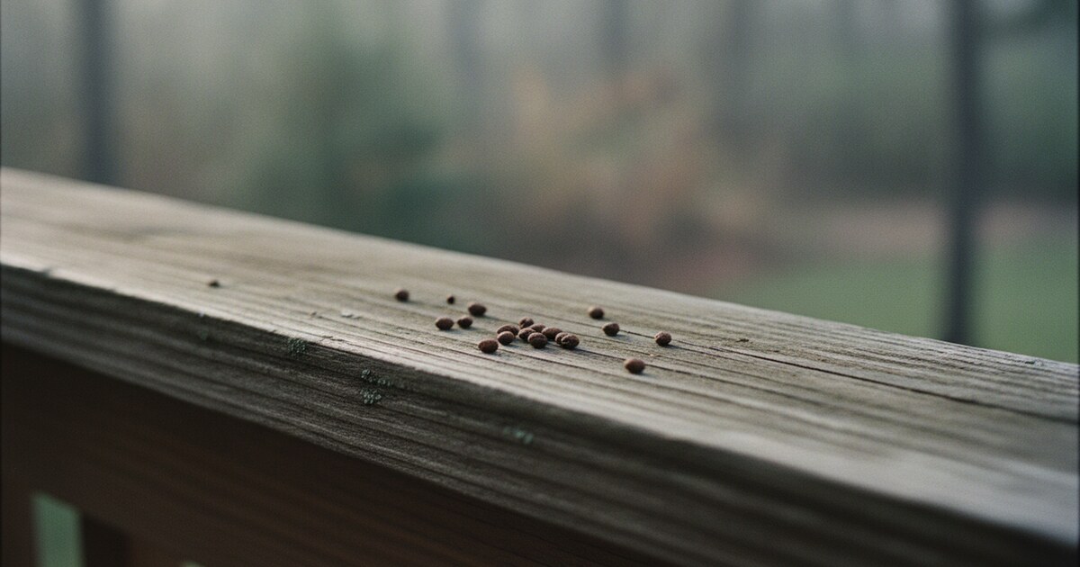 Small dark brown squirrel droppings scattered on a weathered wooden deck railing