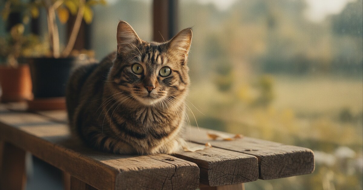 Mixed-breed tabby cat sitting on a wooden surface in natural light, showing coat pattern and facial features