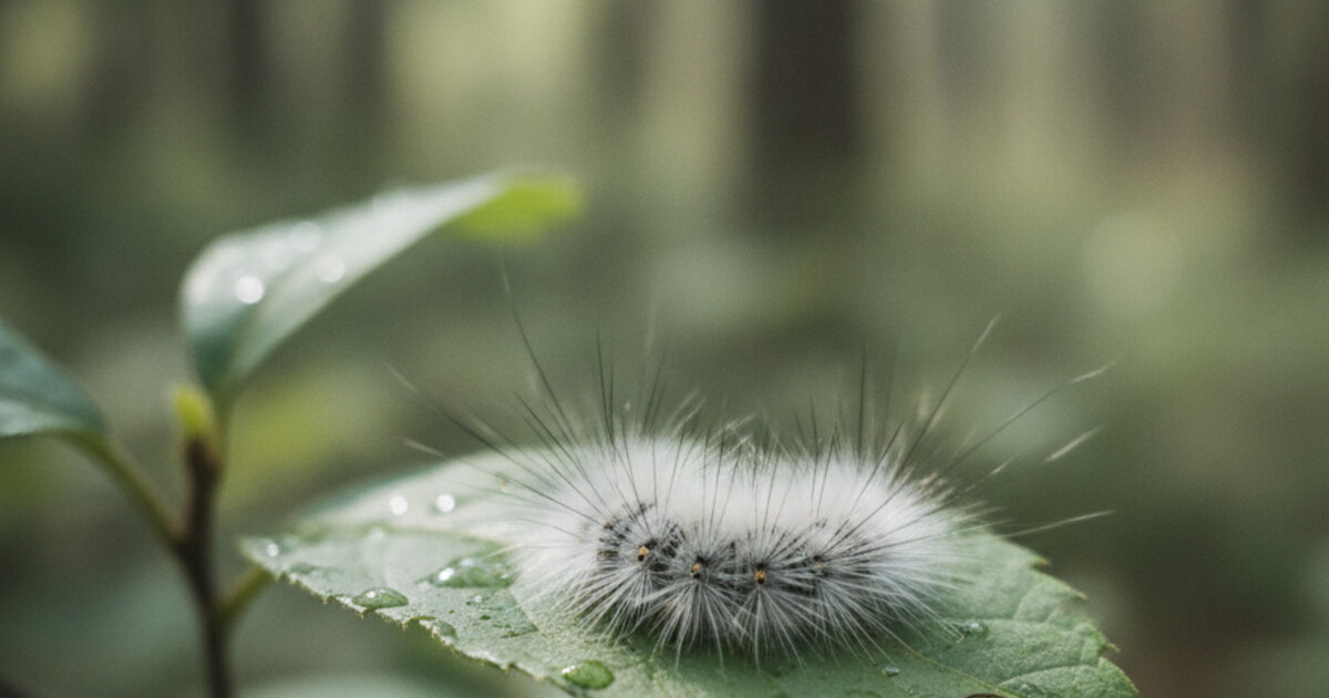 Close-up of a white fuzzy Hickory Tussock Moth caterpillar with distinctive black hair tufts resting on a green leaf