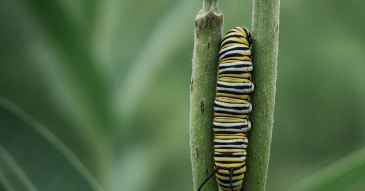 A monarch caterpillar with vivid yellow, black, and white transverse bands clinging to a milkweed stem in summer
